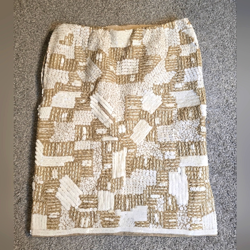 Sequin White Beige Taupe Embroidered Skirt Deadstock Unique Rare Chic